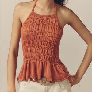 🟠NWT ANTHROPOLOGIE Smocked Linen Lace-Trim Halter Tank Top in Burnt Orange